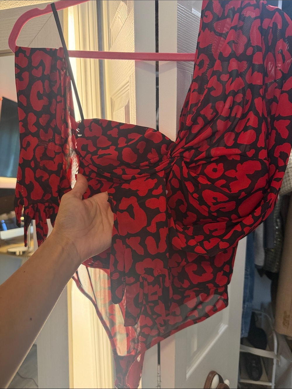 One-Shoulder Red Leopard Print Bodysuit - Picture 7 of 10